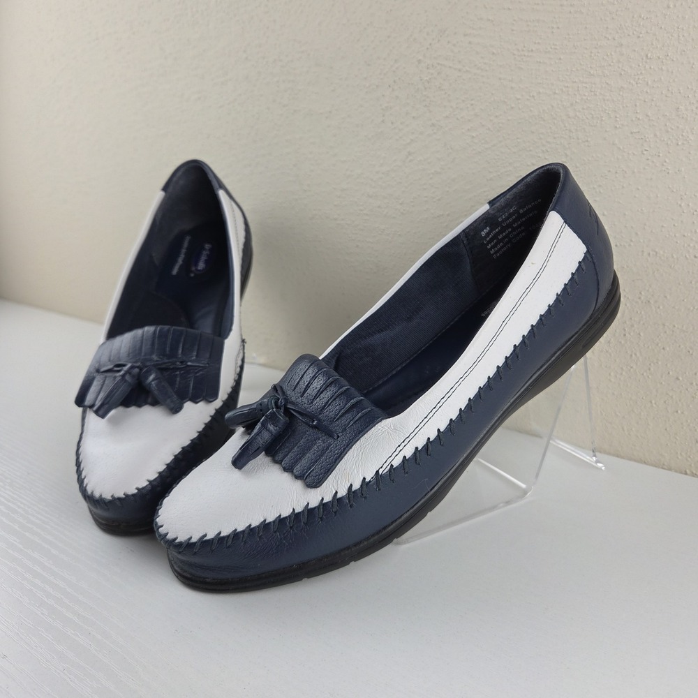 Dr. Scholls Navy Blue/White Leather Double Air-Pillo Tassel Moc Loafers Wmns 8 M